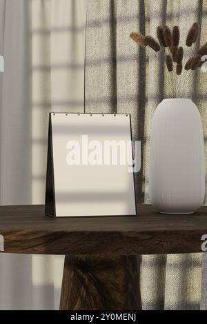 Un calendario di scrivania vuoto è in piedi su un tavolo di legno Foto Stock