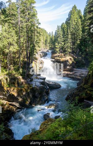 Un'incredibile vista soleggiata delle scintillanti Silver Falls sul monte Rainier National Park. Foto Stock