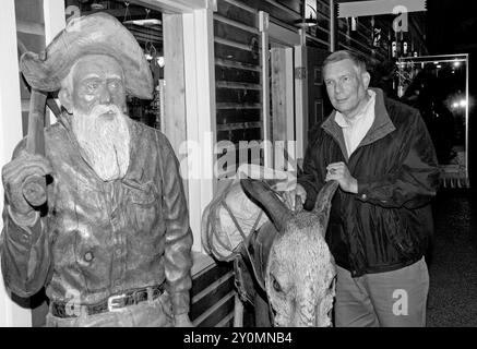 Un turista di sesso maschile caucasico (60-65 anni) che guarda un prospetto al Wall Drug Store, South Dakota. STATI UNITI. Foto Stock