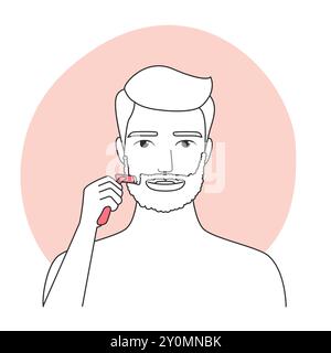 Illustrazione grafica vettoriale di un uomo che tocca il viso, parte di una routine di cura della pelle. Illustrazione Vettoriale