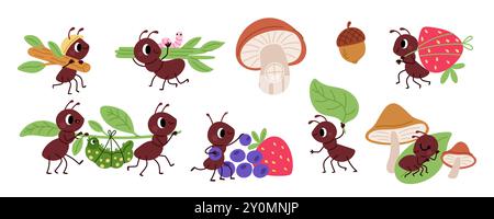 Carine formiche. Gli insetti divertenti funzionano e prendono cibo. Gli artropodi trasportano le colonne caterpillari e i frutti al formicolio. Comunità organizzata. Creature naturali. Cartone animato Illustrazione Vettoriale