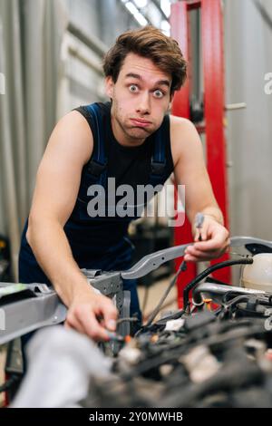 Ritratto verticale di un meccanico frustrato nell'officina automobilistica che lavora per risolvere i problemi del motore dell'auto, esaminare i cavi e utilizzare gli strumenti per trovare la soluzione Foto Stock