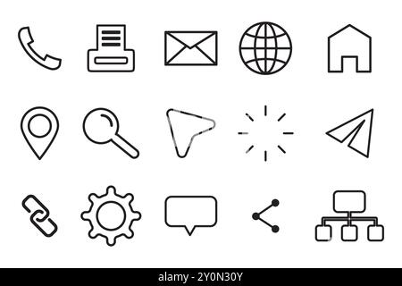 Icone di comunicazione impostate. Semplici simboli di linea nera. Elementi di interfaccia vettoriale moderni. Design Web minimalista. Illustrazione Vettoriale