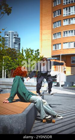 un mix di moda e movimento. Due giovani con abiti eleganti in movimento, skateboard all'aperto nelle calde giornate di sole. Foto Stock