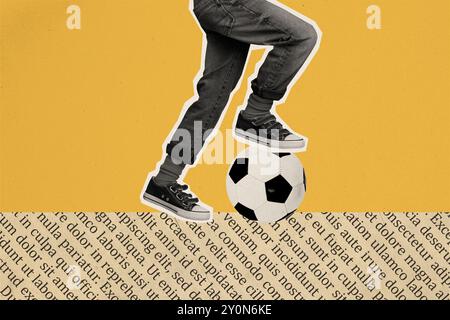 Immagine grafica di tendenza immagine di schizzo collage fotografico 3D di silhouette persona in incognito supporto senza corpo gambe uomo indossare scarpe giocare a calcio Foto Stock