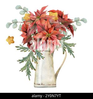 Fiori di punta rossa, baubles con stella d'oro, eucalipto di ginepro. Illustrazione ad acquerello disegnata a mano, bouquet di vaso isolato su bianco. Natale, felice nuovo Foto Stock