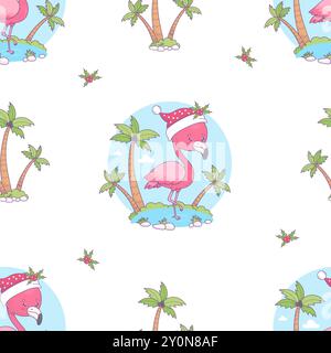 Motivo senza cuciture con fenicottero rosa natalizio in cappello di Babbo Natale con agrifoglio su sfondo bianco con palme tropicali. Divertente cartone animato natalizio kawaii Bird Illustrazione Vettoriale