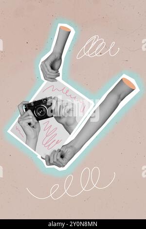 Collage di immagini creative di due persone mani dping foto su carta per fotocamera Foto Stock