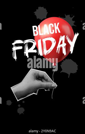 Collage Black Friday, palloncino rosso 3D con mano, mezzitoni per striscioni. Illustrazione vettoriale nera Illustrazione Vettoriale