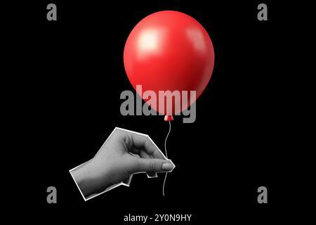 Collage, mano che regge un palloncino 3D rosso, mezzitoni per striscioni. Illustrazione vettoriale su sfondo nero. orizzontale Illustrazione Vettoriale