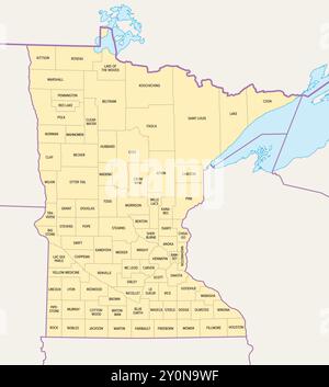 Contee del Minnesota, mappa politica. Il Minnesota, uno stato nella regione del Midwest superiore degli Stati Uniti, è suddiviso in 87 contee. Foto Stock