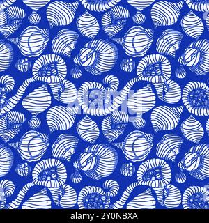 Motivo a conchiglia blu azzurro bianco con sfondo batik senza cuciture in lino, moderno cottage costiero sulla spiaggia rustico stampa a conchiglia design a motivi per la casa Foto Stock