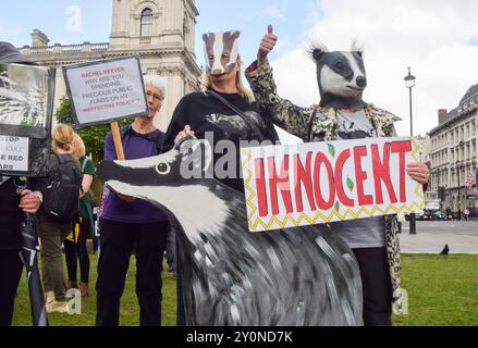 Londra, Inghilterra, Regno Unito. 3 settembre 2024. Centinaia di manifestanti si riuniscono in piazza del Parlamento e invitano il governo laburista a porre fine al colpo di tasso, che molti scienziati, veterinari, attivisti e altri dicono sia inefficace nella lotta contro la tubercolosi bovina. (Credit Image: © Vuk Valcic/ZUMA Press Wire) SOLO PER USO EDITORIALE! Non per USO commerciale! Foto Stock