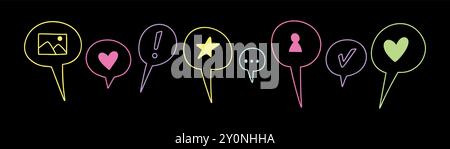 Colorate e simpatiche linee di dialogo per bambini. Casella di testo per bambini scolastici. La reazione dei social media, tipo, segue i simboli. Acido al neon disegnato a mano eleme Illustrazione Vettoriale