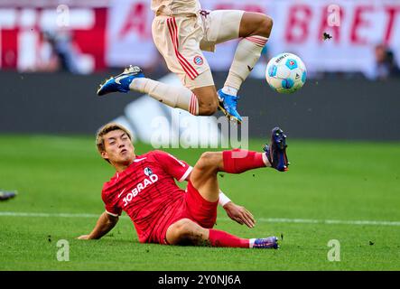 Ritsu Doan, FRG 42 gareggiano per il pallone, tackle, duello, colpo di testa, zweikampf, azione, lotta contro Jamal MUSIALA, FCB 42 nella partita FC BAYERN MUENCHEN - SC FREIBURG 2-0 il 1 settembre 2024 a Monaco, Germania. Stagione 2024/2025, 1.Bundesliga, FCB, Monaco, giorno 2, 2.Spieltag Photographer: immagini ddp/STAR-images - LE NORMATIVE DFL VIETANO QUALSIASI USO DI FOTOGRAFIE come SEQUENZE DI IMMAGINI e/o QUASI-VIDEO - crediti: ddp media GmbH/Alamy Live News Foto Stock