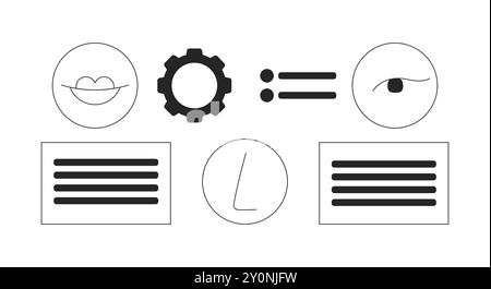 Set di oggetti linea 2D in bianco e nero con sistema di riconoscimento facciale Illustrazione Vettoriale