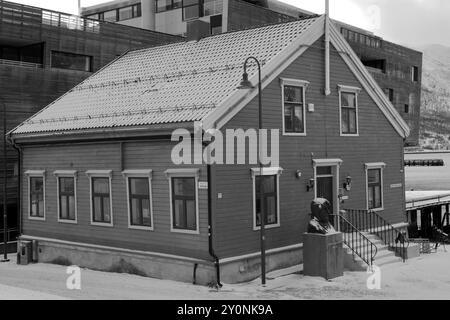 Statua di Roald Amundsen fuori dal Museo Polare, città di Tromso, Norvegia settentrionale Foto Stock