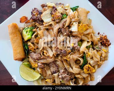 Tagliatelle di manzo fritte in padella con vista aerea Spring Roll Foto Stock