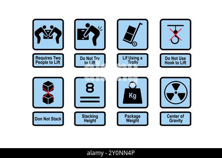 Icone di gestione degli imballaggi. Simboli di attenzione della confezione. Pittogrammi di avvertenza e attenzione. Set etichette silhouette vettoriale Illustrazione Vettoriale