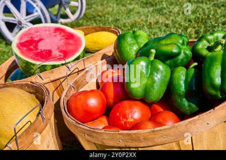 Cesti di prodotti freschi con anguria e pomodori a livello degli occhi Foto Stock