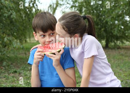 Bambini carini che mangiano anguria fresca all'aperto Foto Stock