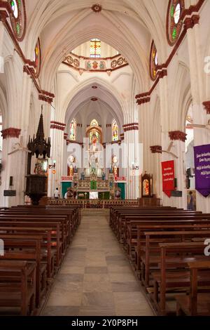 Navata principale e altare, Basilica del Sacro cuore, Pondicherry, Tamil Nadu, India. Francese: Basilique du Sacré-Cœur de Jésus de Pondichéry), situato sulla Foto Stock