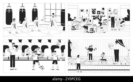 Classi scolari delle scuole medie con illustrazioni in bianco e nero Illustrazione Vettoriale