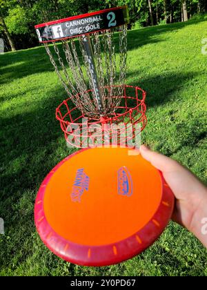 Disc Golf Basket e Vibrant Disc nel tardo pomeriggio di Sunny Park Foto Stock