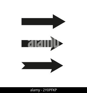 Tre frecce a destra. Icone di direzione orizzontale. Semplici simboli neri. Design minimalista. Illustrazione Vettoriale