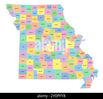 Missouri, stato degli Stati Uniti, suddiviso in 114 contee e città indipendente St. Louis, mappa politica multicolore con capitale Jefferson City. Foto Stock