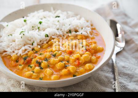 Delizioso curry cremoso di ceci di cocco con riso basmati Foto Stock