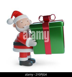 Cartone animato Babbo Natale che porta una confezione regalo isolata su sfondo bianco. illustrazione 3d. Foto Stock