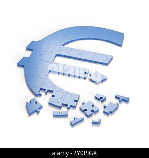 Puzzle blu a forma di simbolo dell'euro isolato su sfondo bianco. illustrazione 3d. Foto Stock