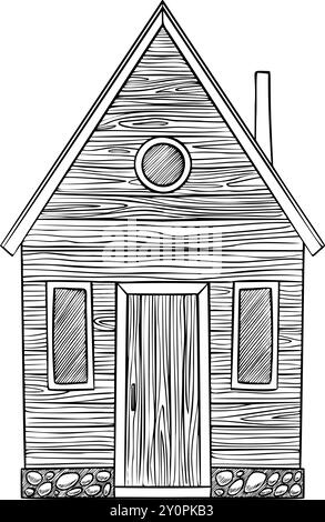 Illustrazione vettoriale della casa in legno. Disegno di Rustic Cabin con camino su sfondo isolato in stile lineare. Vecchio cottage disegnato a mano fatto di tronchi. Edificio di campagna con incisione nera per il design. Illustrazione Vettoriale