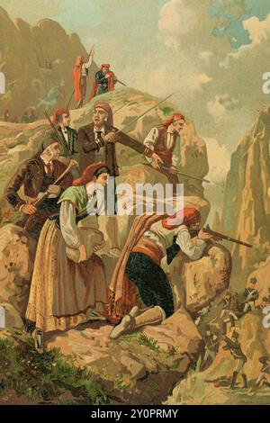 Guerra d'indipendenza spagnola (1808-1814). Catalogna. Battaglie di El Bruch. Gli impegni combatterono successivamente, che ebbero luogo il 6 giugno e il 14 giugno 1808. Volontari catalani e somatenti sorpresero le truppe napoleoniche nella gola di Bruch, sconfiggendo i francesi. Gli eroi di El Bruch. Cromolitografia. "Glorias Españolas" (Glorie di Spagna). Volume IV. Pubblicato a Barcellona, 1890. Foto Stock