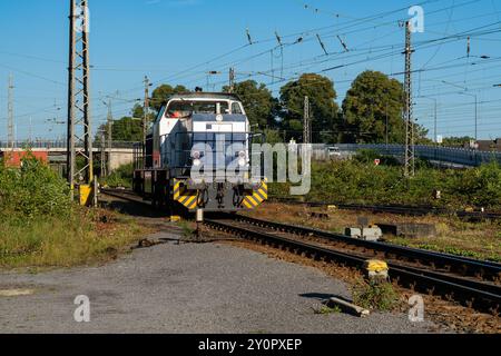 Un motore ferroviario bianco e blu sui binari ferroviari in un ambiente verde e rurale con cavi e pali sospesi. Foto Stock