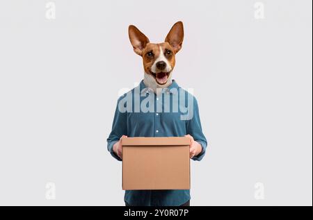 Persona con testa di cane sorridente che tiene in mano una scatola di cartone, sfondo dello studio Foto Stock