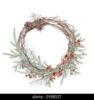 Acquerello corona di Natale con coni di pino verde e rami pini e abeti. Illustrazione dipinta a mano ramo dell'albero senza foglie. Marrone asciutto Foto Stock