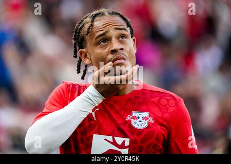 LEVERKUSEN, GERMANIA - AGOSTO 31: Xavi Simons dell'RB Leipzig guarda prima della partita di Bundesliga tra Bayer 04 Leverkusen e RB Leipzig al BayAre Foto Stock