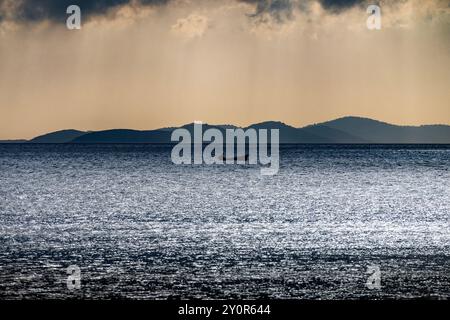 Silhouette dell'uomo sulla barca da pesca fotografata all'orizzonte contro le isole Kornati, dalla città di Primosten, Croazia al tramonto Foto Stock