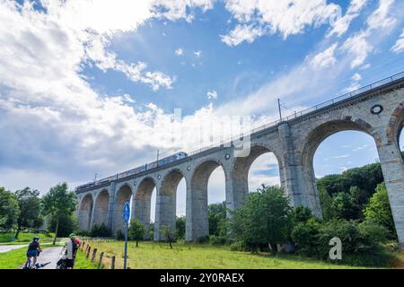 Viadotto Altenbeken, ferrovia, treno Altenbeken Teutoburger Wald Nordrhein-Westfalen, Renania settentrionale Germania Foto Stock