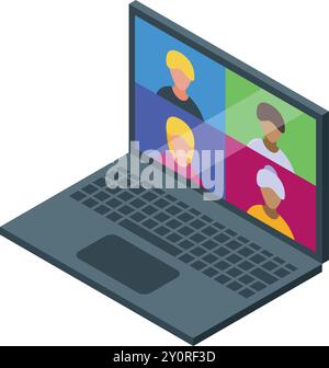 Un moderno notebook che mostra quattro persone che hanno una videochiamata in finestre separate Illustrazione Vettoriale