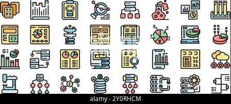 Questa serie di icone illustra l'analisi dei dati, con grafici, grafici e concetti relativi ai big data Illustrazione Vettoriale