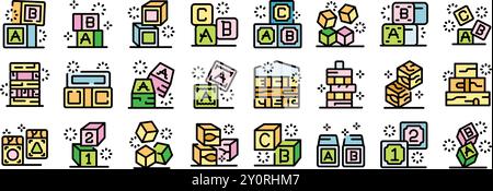 Questo set di icone presenta vari stili di blocchi di giocattoli colorati, perfetti per illustrare concetti relativi allo sviluppo dell'infanzia, all'educazione e al gioco Illustrazione Vettoriale