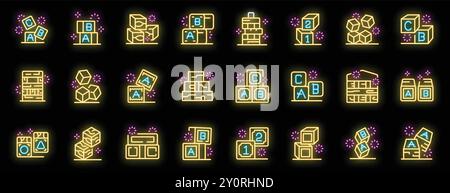 Icone al neon luminose Set di vari blocchi da costruzione con lettere e numeri per bambini Illustrazione Vettoriale