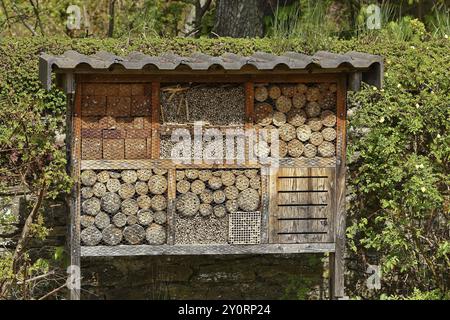 Hotel di insetti per api solitarie e sito di nidificazione artificiale per altri insetti e invertebrati con cavità di nidificazione in tronchi cavi, mattoni e legno Foto Stock