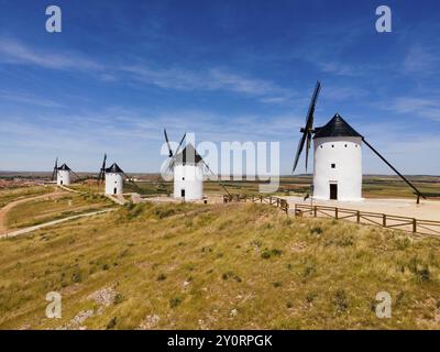 Diversi mulini a vento bianchi con tetti neri in un vasto paesaggio panoramico sotto un cielo azzurro, vista aerea, Alcazar de San Juan, Ciudad Real, Castilla-la Foto Stock