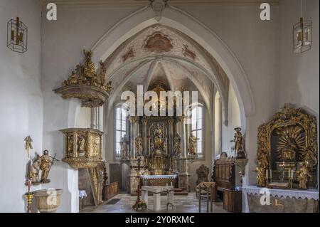 Cantico della chiesa parrocchiale Mariae Heimsuchung XV secolo, baroqueised nel XVIII secolo, Buehl, Franconia media, Baviera, Germania, Europa Foto Stock