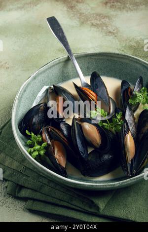 Cozze in conchiglie, salsa cremosa all'aglio, cozze in salsa di besciamella, fatte in casa, nessuno Foto Stock