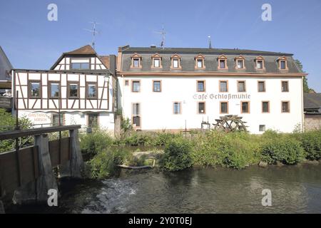 Castello e diga sul torrente Muemling, Erbach, Odenwald, Assia, Germania, Europa Foto Stock